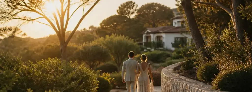 Couple walking a garden path at sunset