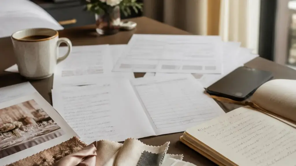 Vendor contracts, a production timeline, and swatches on a desk