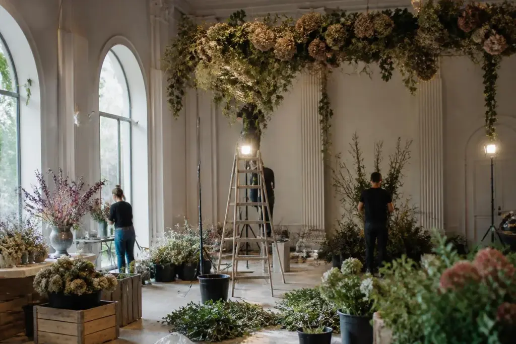 Floral team assembling an installation in an empty venue